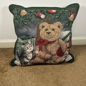Vintage Newport Christmas Pals Holiday Tapestry Throw Pillow Green Trim 16x16